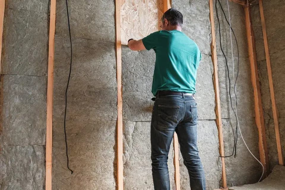 Installer pressing acoustic insulation into a stud wall