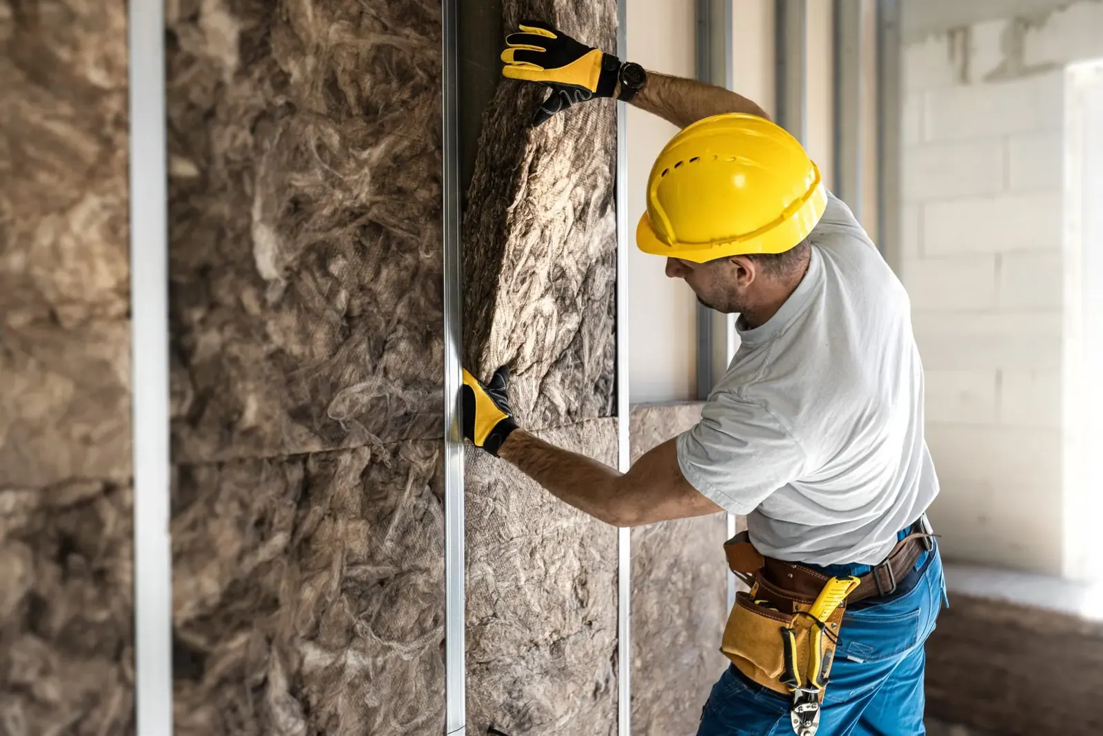 Installer fitting insulation batts into a steel-framed wall